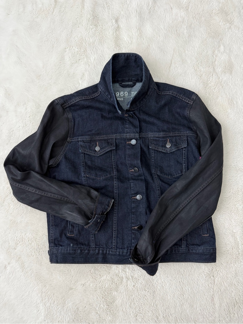 Women's Dark Blue Denim Jacket with Wax Black Sleeves